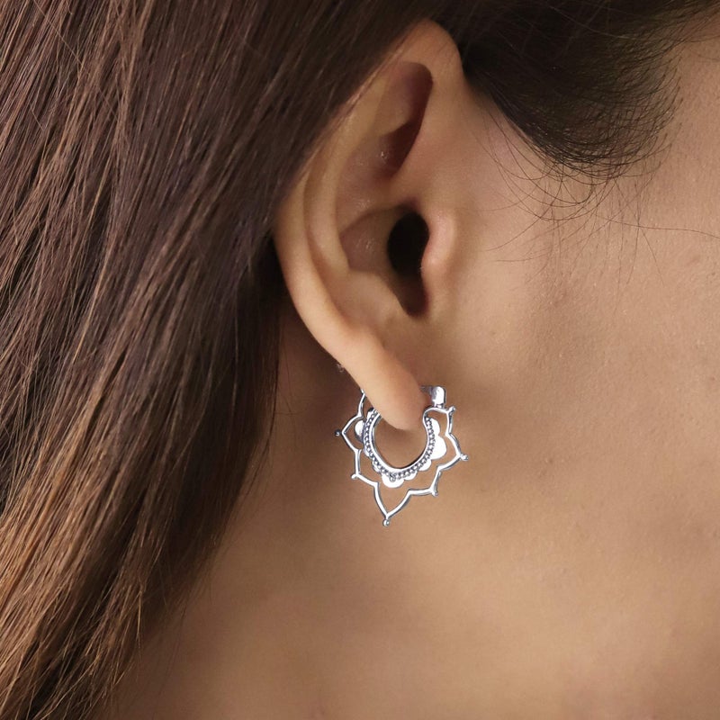 Boma Jewelry Sterling Silver Bomhemian Flower Snap Down Closure Hoop Earrings - Image 2